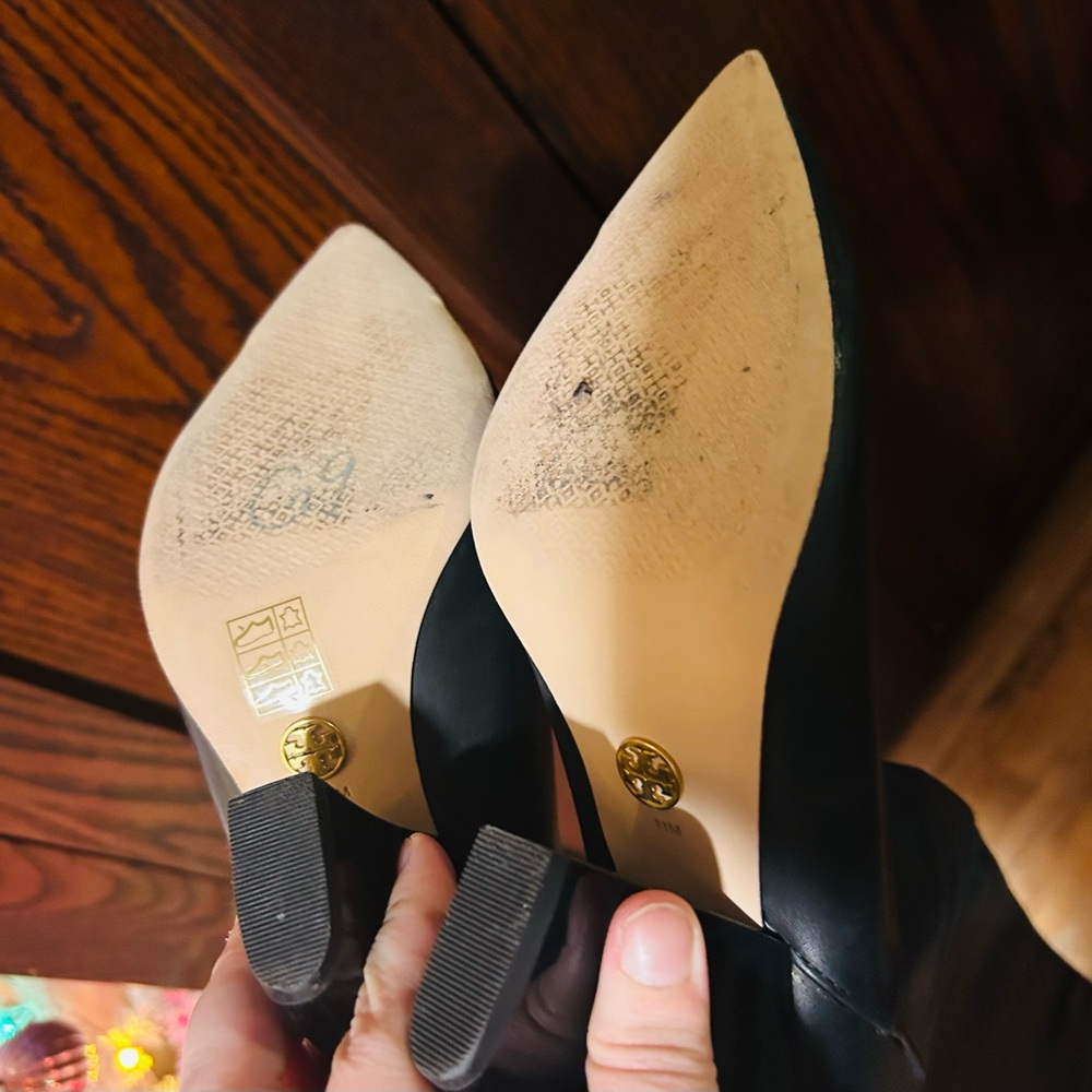 Tory Burch Black Leather Knee-High Heeled Boots with Gold Toe Trim - Picture 8 of 10